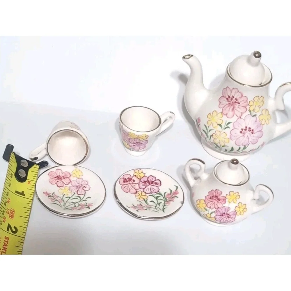 Dollhouse Set Of Miniature Ceramic Plates, Teapot, Cups, & Cream Vintage Flowers